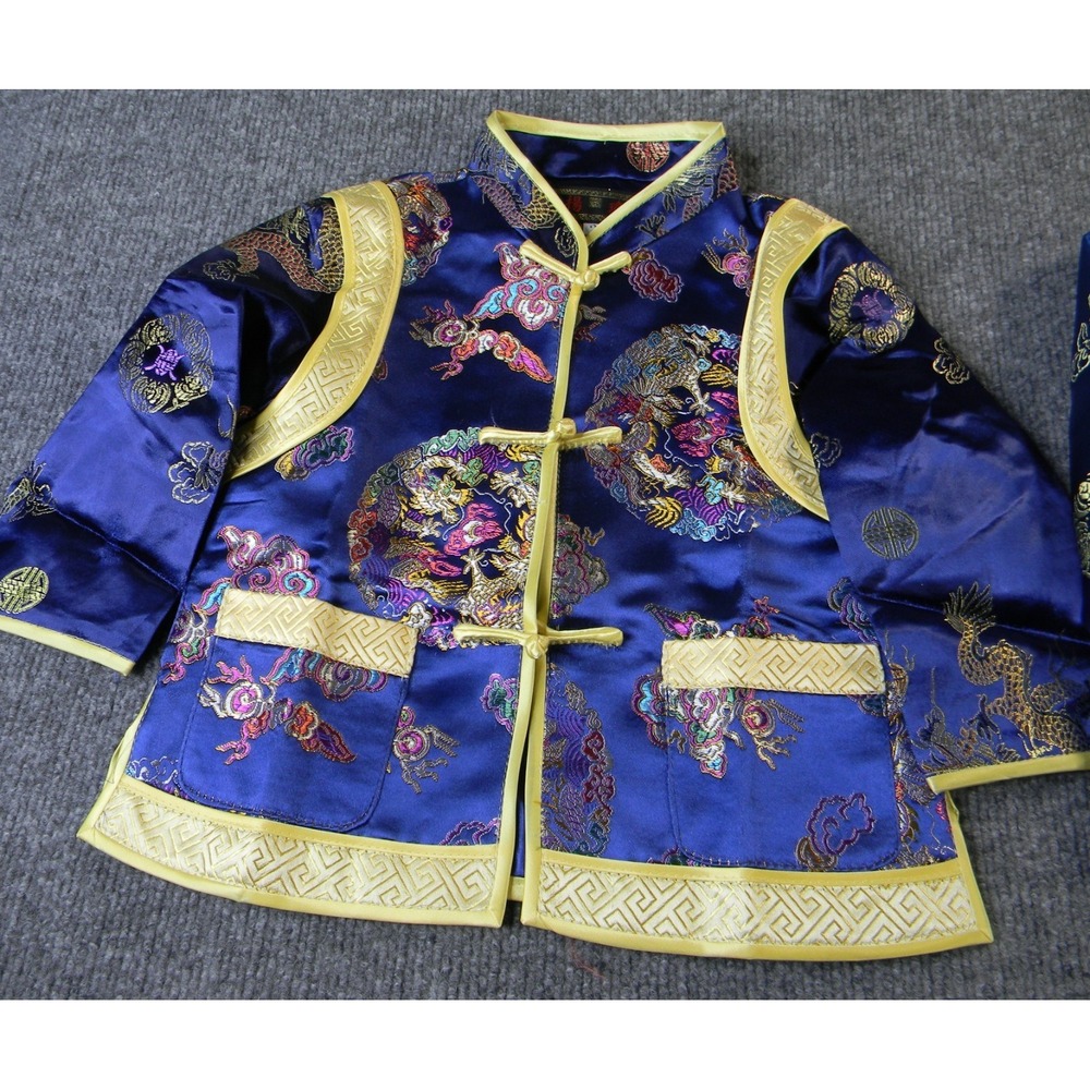 Chinese Silk Brocade Kids Jacket Blue Dragon Frog Closure Size 2 Embroidered